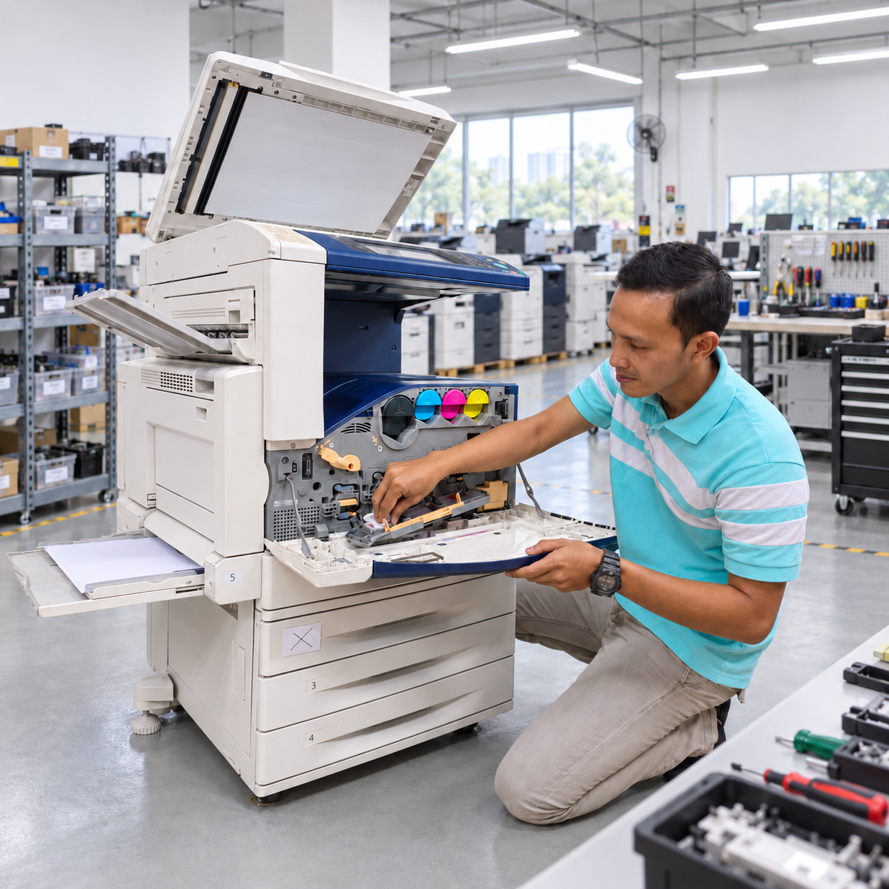 Copier2U certified technician servicing Canon and Fujifilm multifunction copier in Kuala Lumpur